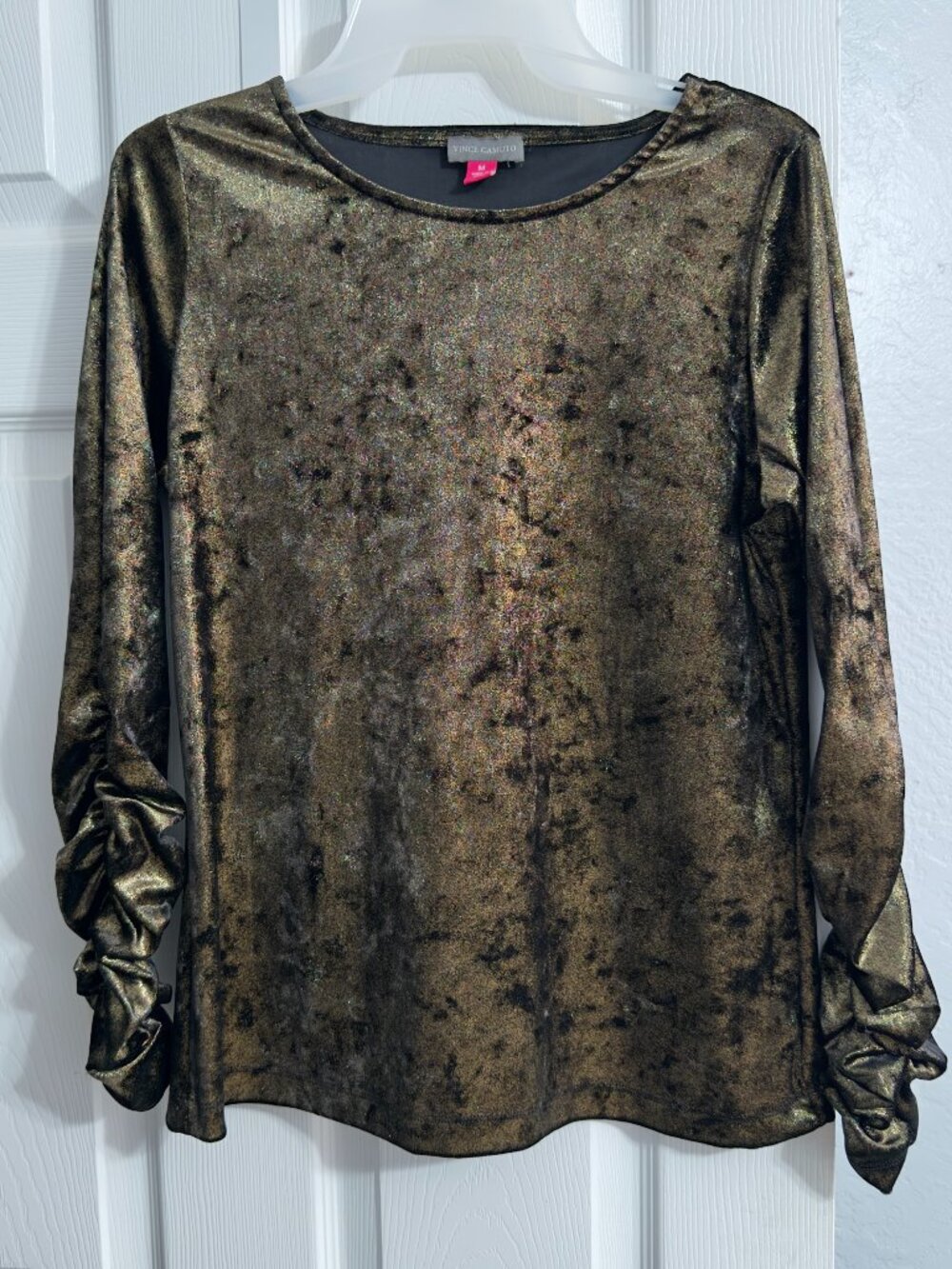 Vince Camuto Black Gold Metallic Velvet Ruched Statement Sleeve Top Size M